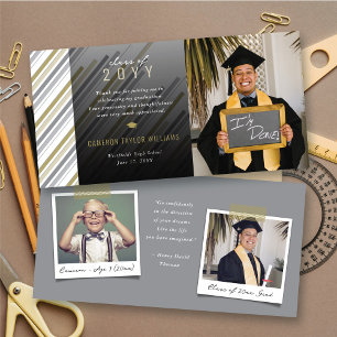 Modern Stylish Gold Grey Stripes Photo Graduation Thank You Card