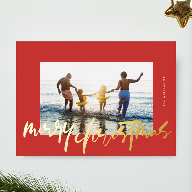 modern stylish gold & red photo merry christmas foil holiday card (Creator Uploaded)