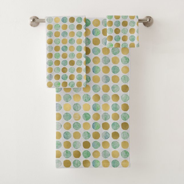 Modern & Stylish Gold Teal Brown Dots Bath Towel Set (Insitu)