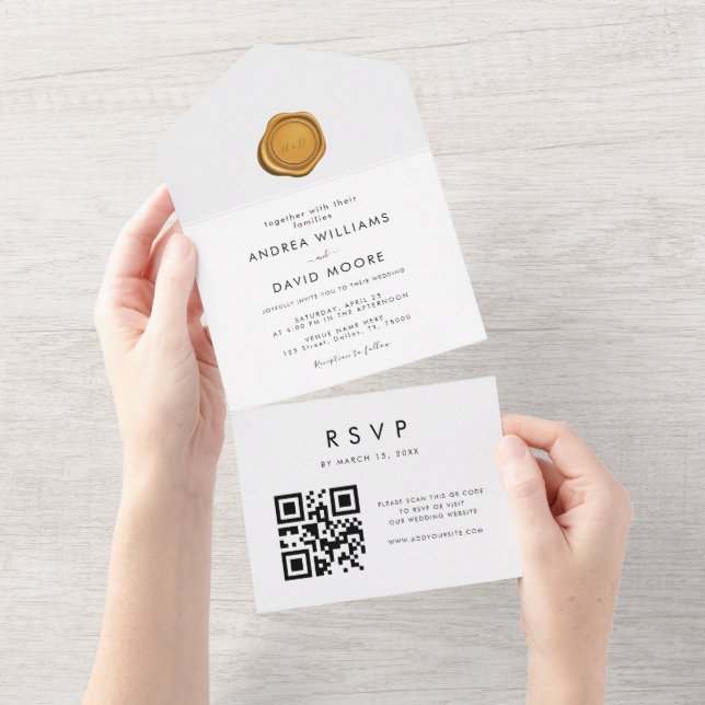 Modern Stylish Gold Wax Seal QR Code RSVP Wedding All In One Invitation (Tearaway)