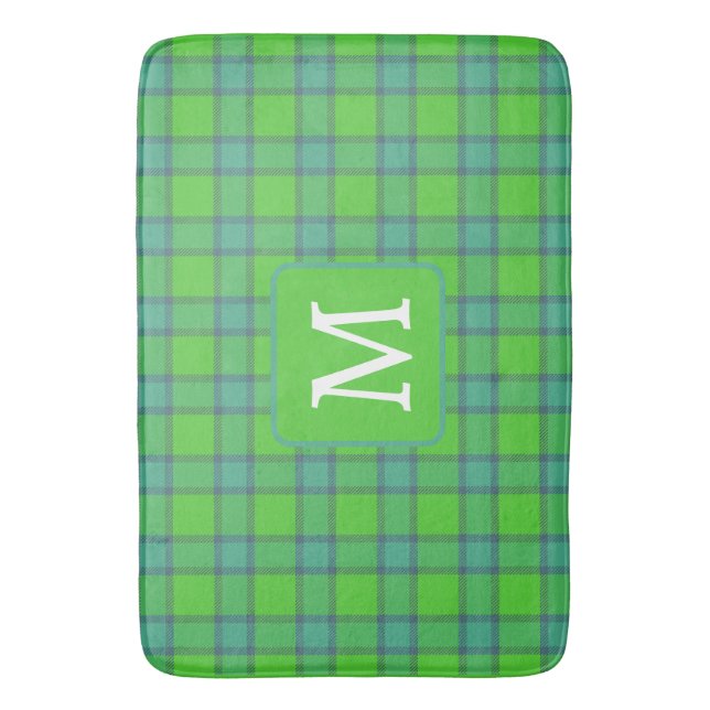 Modern stylish green &blue Plaid monogram Bath Mat (Front Vertical)