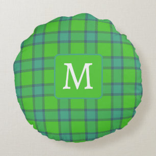 Modern stylish green &blue Plaid monogram Round Cushion