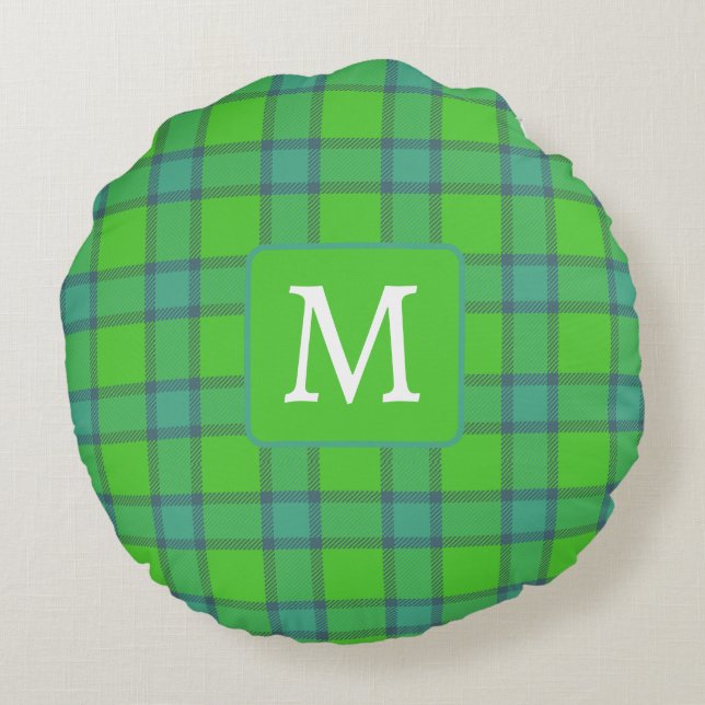 Modern stylish green &blue Plaid monogram Round Cushion (Back)