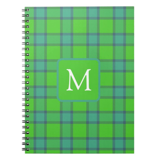 Modern stylish green &blue Plaid tartan monogram Notebook (Front)