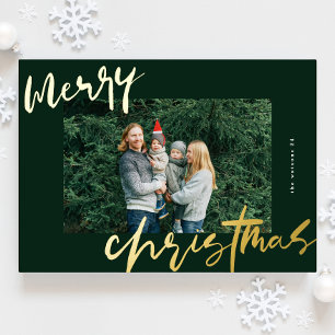 modern stylish green & gold photo merry christmas foil holiday card
