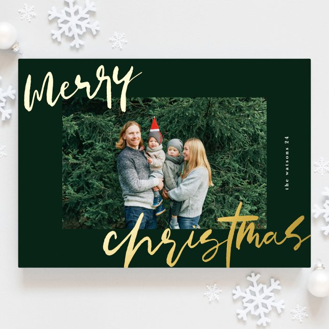 modern stylish green & gold photo merry christmas foil holiday card (Creator Uploaded)