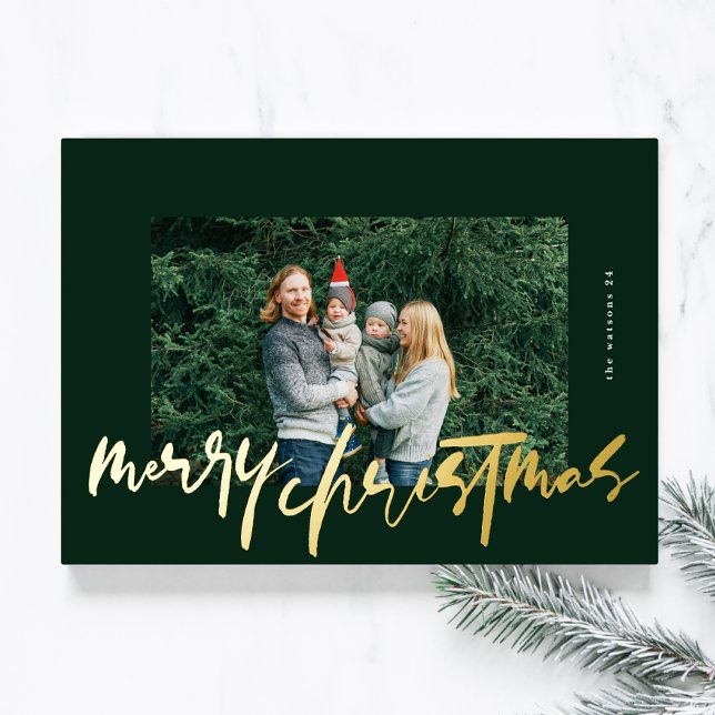 modern stylish green & gold photo merry christmas foil holiday card (Creator Uploaded)
