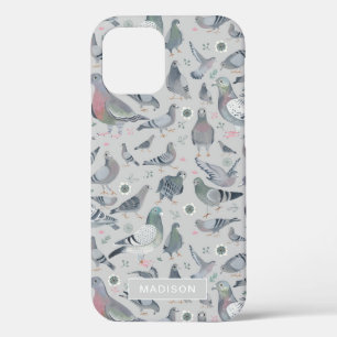 Modern Stylish Grey Pigeon Birds Pattern iPhone 12 Case