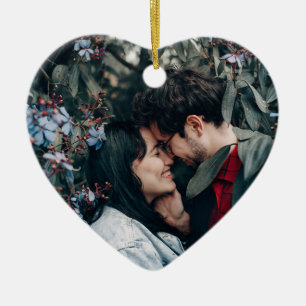 Modern Stylish Heart Shaped 2 Custom Couple Photo Ceramic Ornament