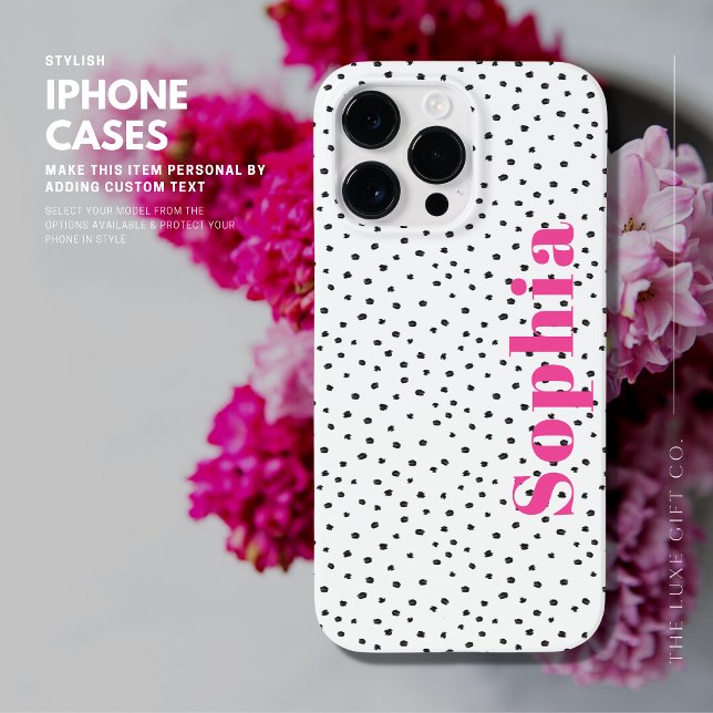 Modern Stylish Hot Pink Personalised Polka Dots Case-Mate iPhone Case (Creator Uploaded)