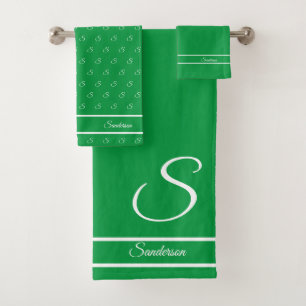 Modern Stylish Kelly Green and White Monogram Bath Towel Set