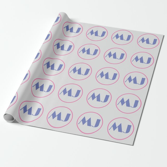 Modern Stylish Monogram Blue Initial Letters Grey Wrapping Paper (Unrolled)
