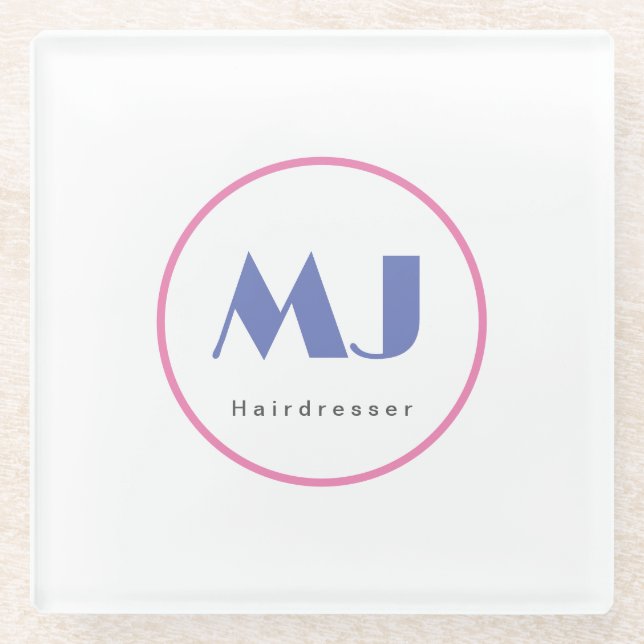 Modern Stylish Monogram Blue White Hairdresser Glass Coaster (Front)