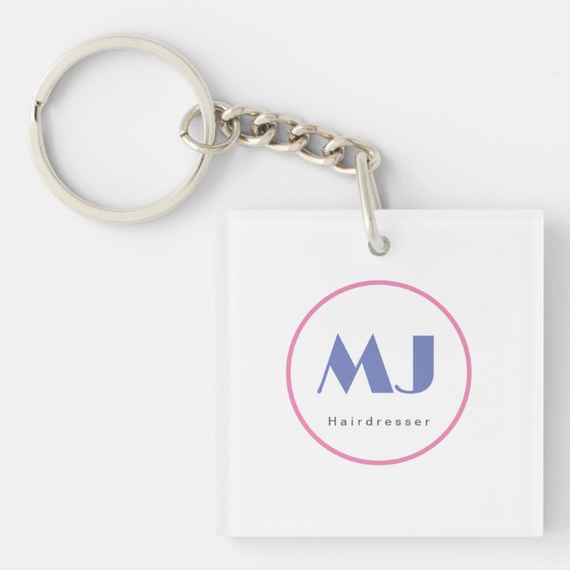Modern Stylish Monogram Blue White Hairdresser Key Ring (Front)