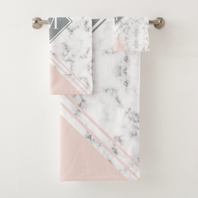 Modern stylish monogram blush pink grey marble bath towel set (Insitu)