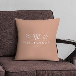 Modern Stylish Monogram Custom Family Name Peach Cushion<br><div class="desc">Cuddle up in style! Our modern elegant monogram pillow, custom family charm on stylish peach. Cosy comfort, personalised for your nest. 🏡💙 #HomeDecor #MonogramMagic Modern monogram custom name newlywed throw pillow with your family name and initial as well we year established surrounded by whimsical branch illustrations. Minimalist, simple, and stylish,...</div>