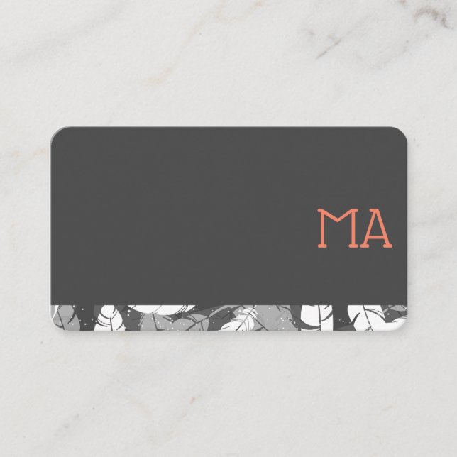 Modern Stylish Monogram / Grey Feather Trim Business Card (Front)