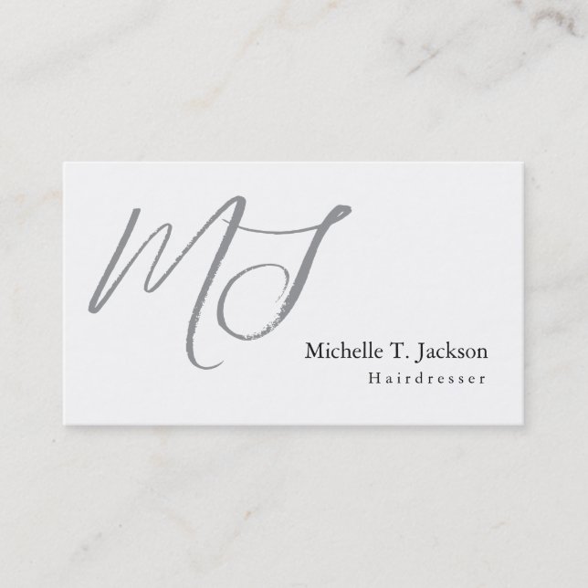 Modern Stylish Monogram Grey White Hairdresser Business Card (Front)