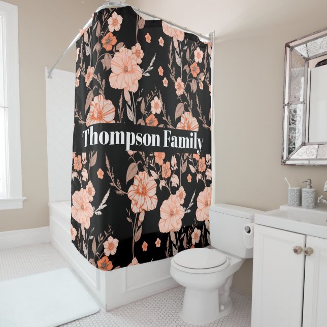 Modern stylish monogram l Floral pattern l Black Shower Curtain (In Situ)