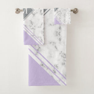 Modern stylish monogram lavender grey marble bath towel set