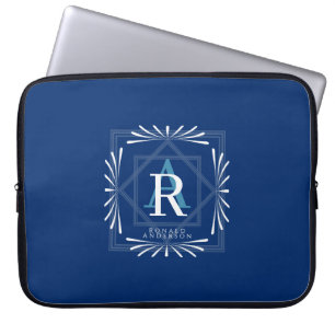 Modern Stylish Monogram Navy Laptop Sleeve