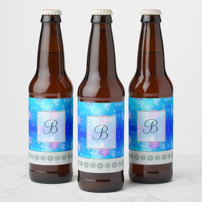 Modern Stylish Monogram Patterns | Snow Party #2 Beer Bottle Label (Bottles)