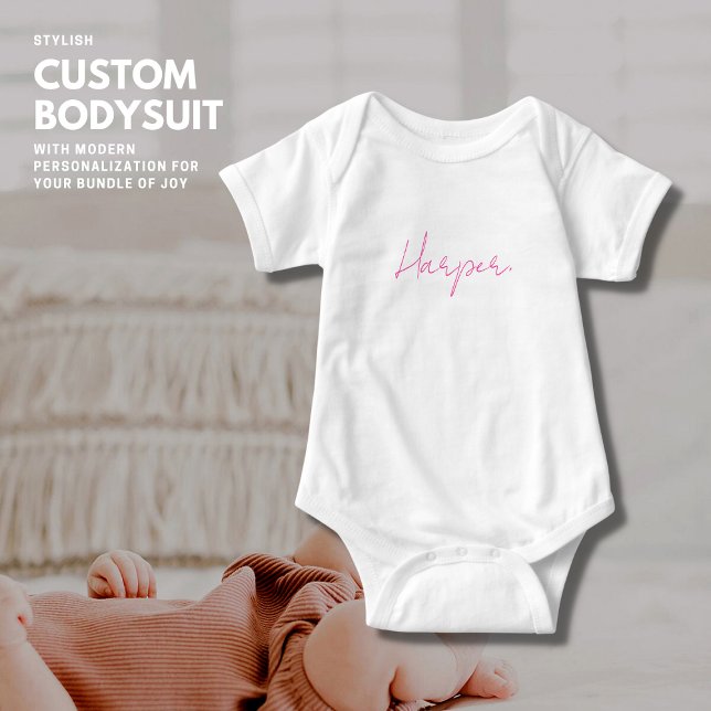 Modern Stylish Monogram Pink Handwritten Script Baby Bodysuit (Creator Uploaded)