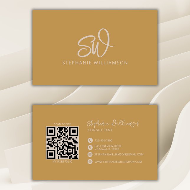 Modern Stylish Monogram QR Code Minimal Gold Business Card (Creator Uploaded)