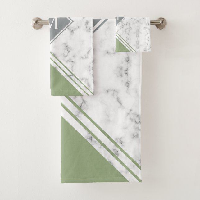 Modern stylish monogram sage green grey marble bath towel set (Insitu)