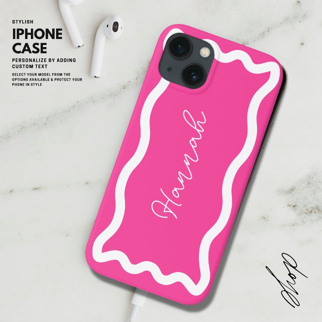 Modern Stylish Monogram Script Hot Pink Wavy Line Case-Mate iPhone Case (Creator Uploaded)