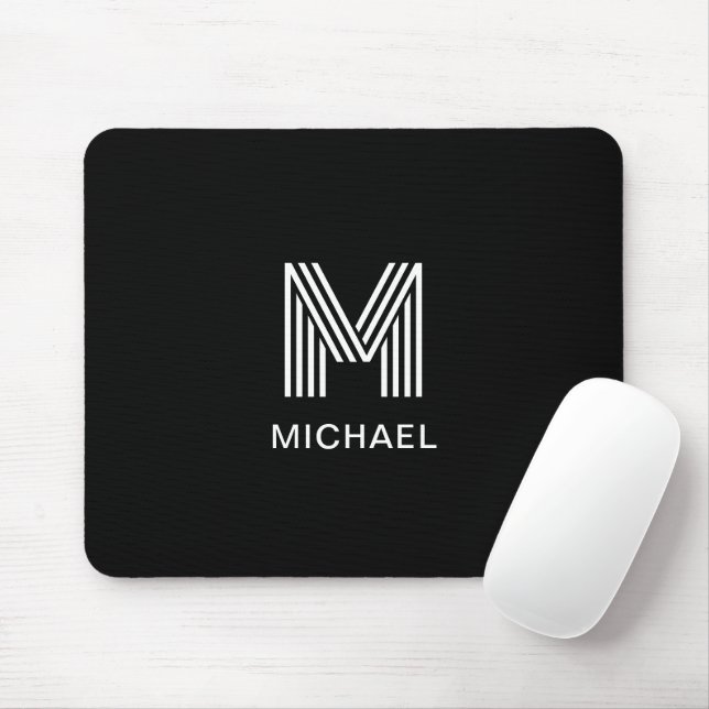 Modern Stylish Monogram Simple Sleek Black Mouse Pad (With Mouse)