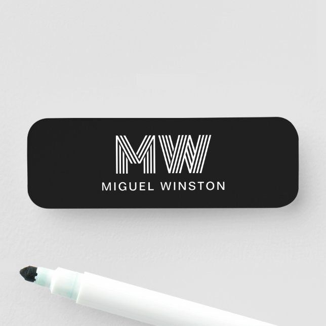 Modern Stylish Monogram Simple Sleek Black Name Tag (In Situ)