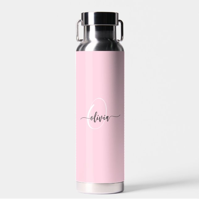 Modern Stylish Monogram Typography Pink Water Bottle (Front)