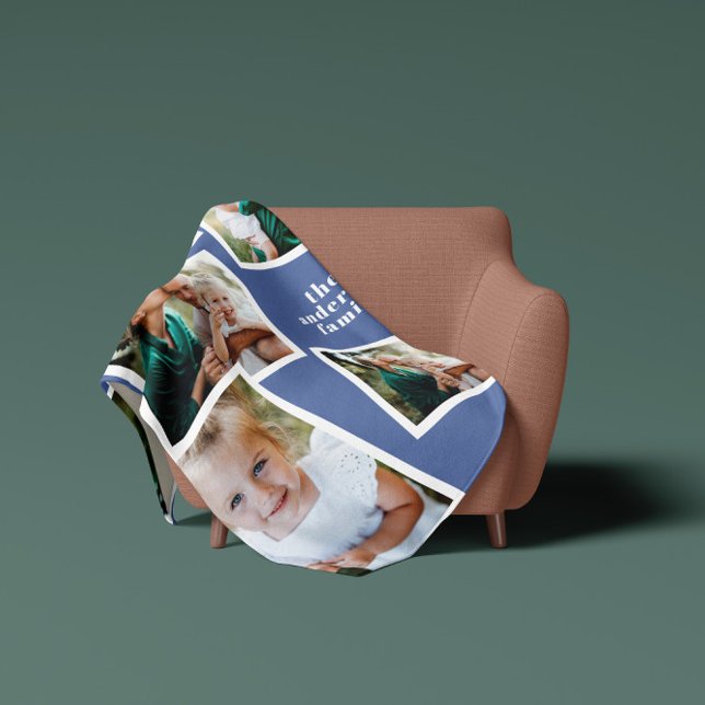 Modern stylish multi photo family home decor blue fleece blanket (Creator Uploaded)