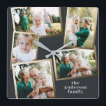 Modern stylish multi photo family home decor square wall clock<br><div class="desc">Modern gold multi photo family holiday card.</div>