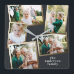 Modern stylish multi photo family home decor square wall clock<br><div class="desc">Modern gold multi photo family holiday card.</div>
