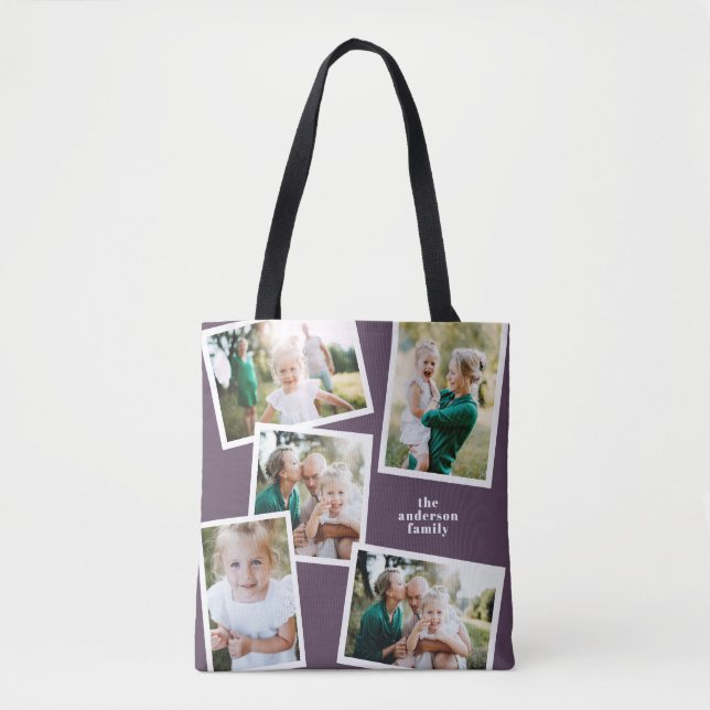 Modern stylish multi photo family purple tote bag (Front)