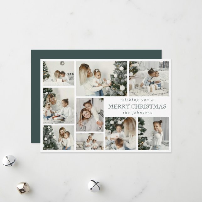 Modern Stylish Multi Photo Grid Dark Forest Green Holiday Card (Front/Back In Situ)