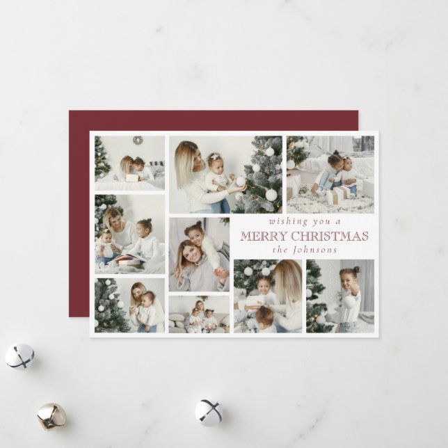 Modern Stylish Multi Photo Grid Red Holiday Card (Front/Back In Situ)