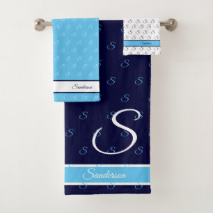 Modern Stylish Navy Blue and White Monogram Bath Towel Set
