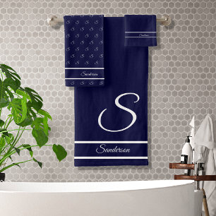 Modern Stylish Navy Blue and White Monogram Bath Towel Set