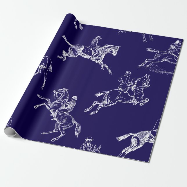 Modern Stylish Navy Blue Horseback Riding Toile Wrapping Paper (Unrolled)