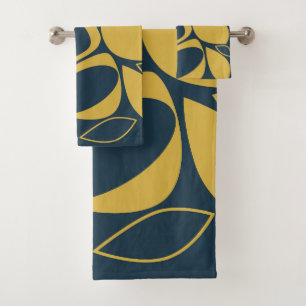 Modern Stylish Navy Blue Mustard Abstract Pattern Bath Towel Set