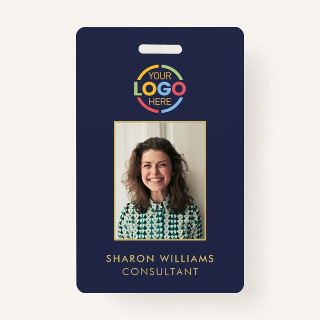 Modern Stylish Navy Blue Simple Employee Photo ID ID Badge (Front)