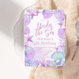 Modern Stylish Ocean 4th Birthday Girl Party Invitation