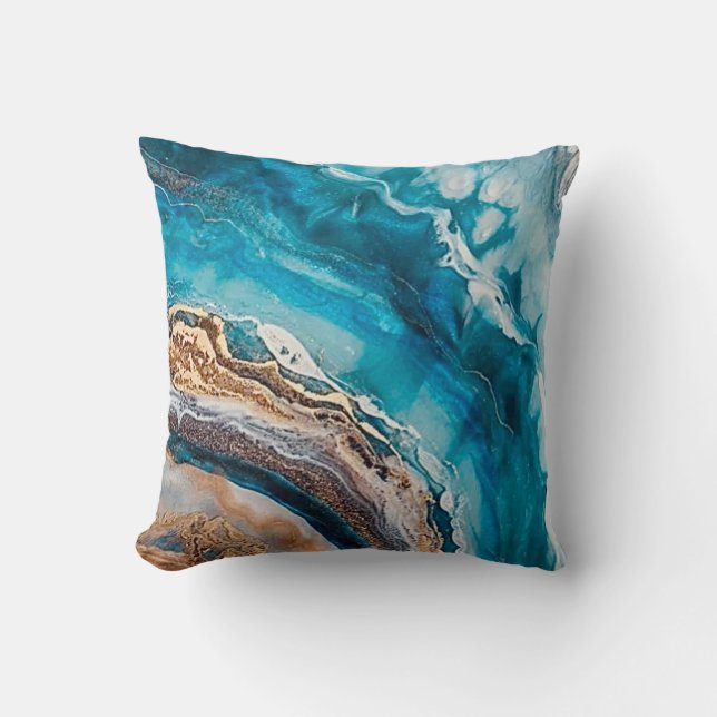 Modern Stylish Ocean Blue Geode Gold Faux Cushion (Front)