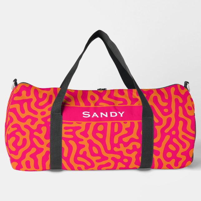 Modern stylish orange fuchsia monogram name duffle bag (Front)