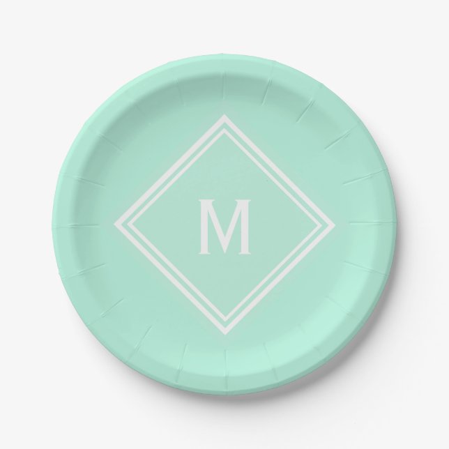Modern Stylish Pale Mint Green Custom Monogram Paper Plate (Front)