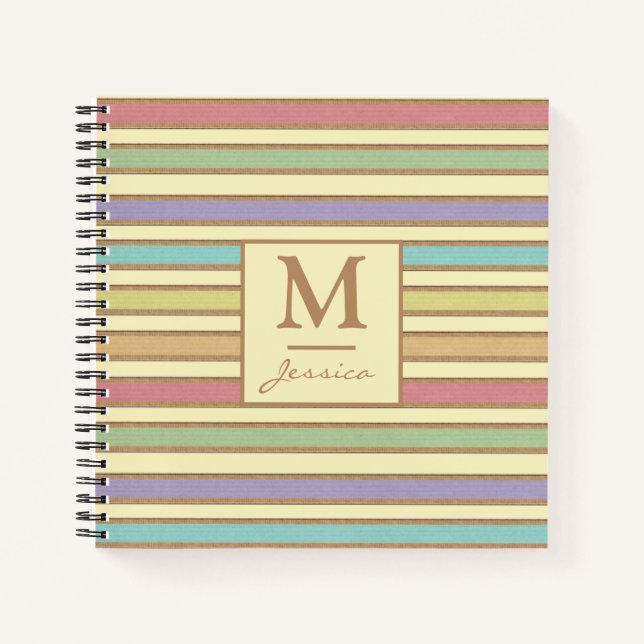 Modern Stylish Pastel Ribbon Striped Monogram Notebook (Front)