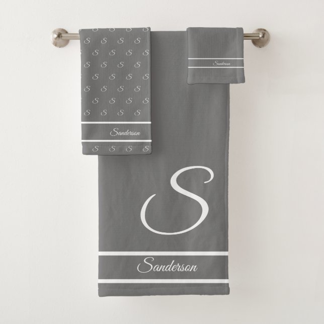  Modern Stylish Pewter Grey White Monogram Name Bath Towel Set (Insitu)